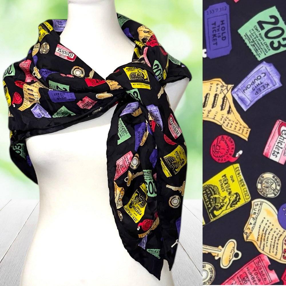 Vintage 90s NICOLE MILLER Silk Scarf NYC Theater Ticket Print Black 42" Square